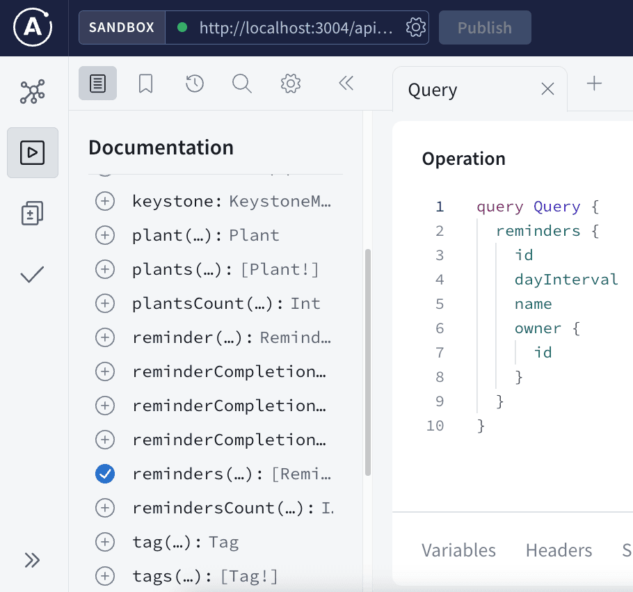 A screenshot of Apollo's GraphQL playground generating a reminder query.