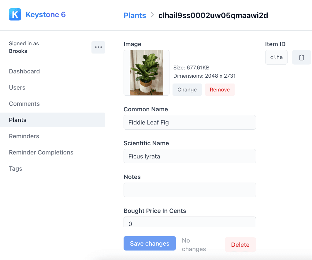 A form to edit a Fiddle Leaf Fig plant on the admin site