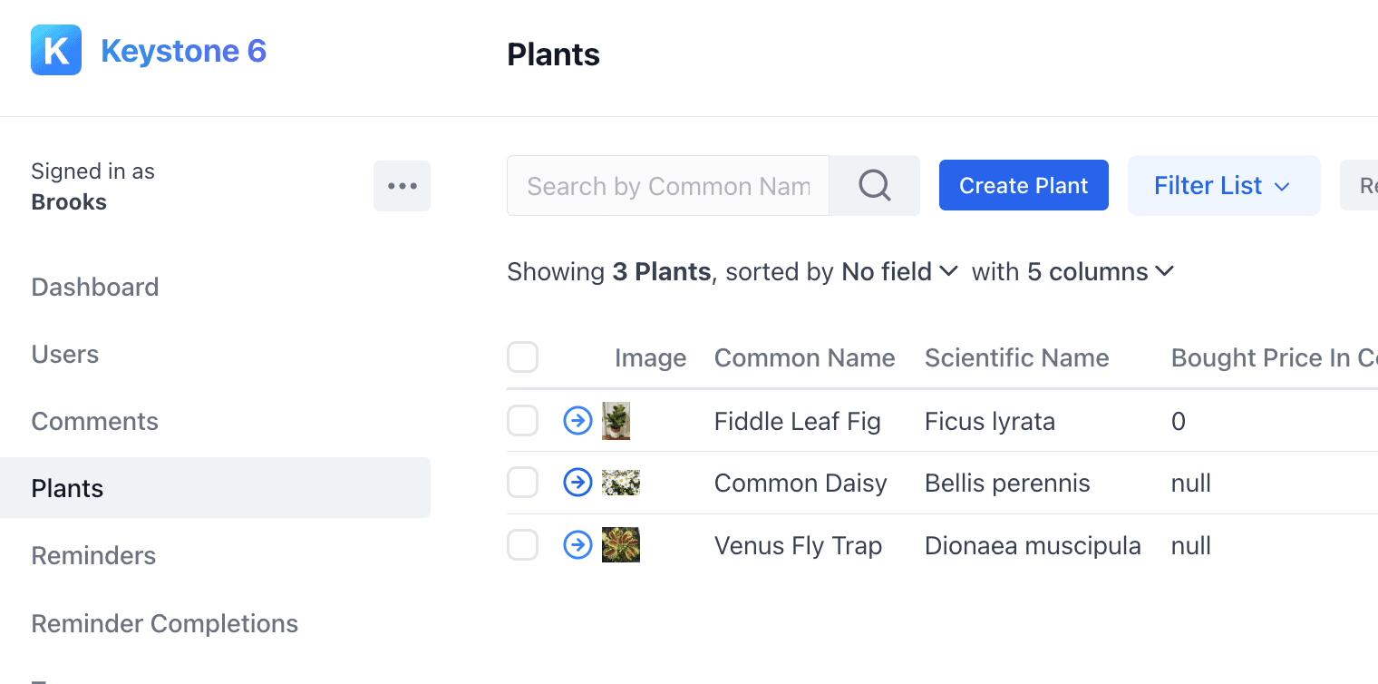 A screenshot of table listing user's plant data